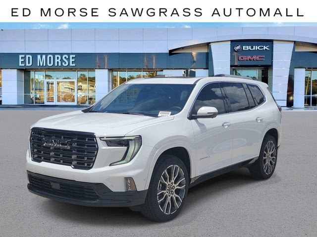 2026 GMC Acadia Denali Ultimate in Summit White — front three-quarter view